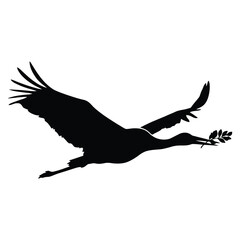 Naklejka premium A black silhouette of a flying crane carrying an olive branch a peaceful silhouette