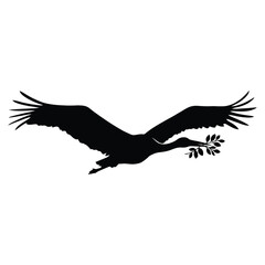 Naklejka premium A flying crane carrying an olive branch is depicted in black silhouette