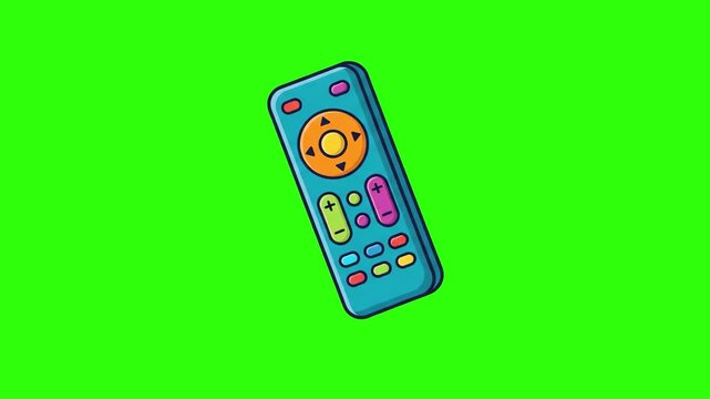 Vector cartoon illustration of a colorful blue TV remote control device over a chroma key green background. Great for television commercials, smart TV app promos, remote controller guides, media playe