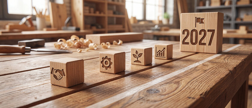 Wooden blocks with business icons and the year 2027 on a workshop table, representing strategic planning and future goals