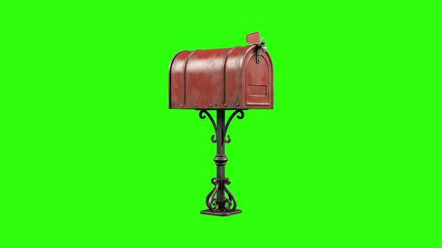 3D model of a vintage red metallic mailbox on a decorative forged stand over a chroma key green background. Ideal for mail delivery service commercials, retro post office promos, newsletter icons, pos