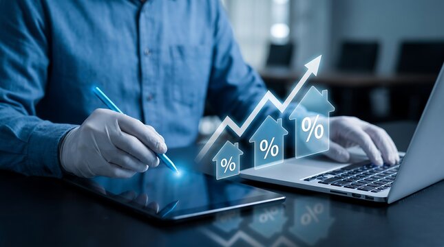Person using digital tablet and laptop with rising real estate interest rate percentage graph