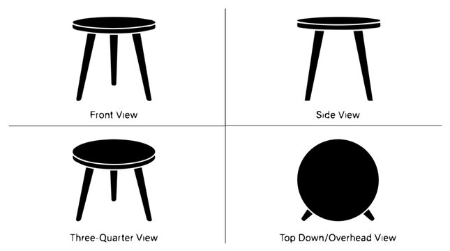 Minimalist Three Legged Stool Icons with Multiple View Perspectives