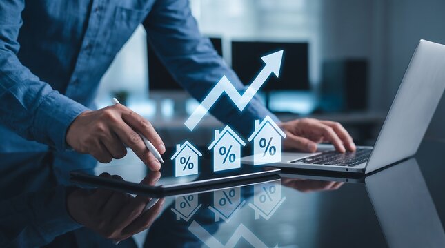 Businessman using tablet to analyze real estate market housing interest rate growth trends on digital interface
