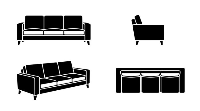 Modern three seater sofa icons in front side top and perspective views