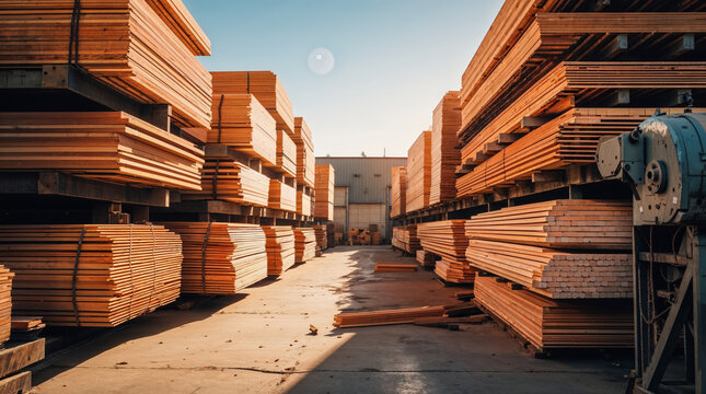 Lumber yard with stacks of wood planks under a clear blue sky
