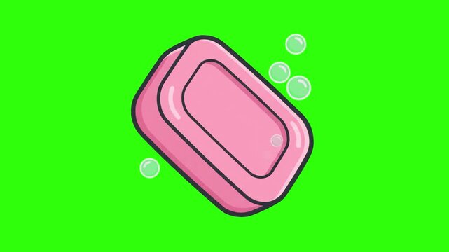 Flat 2D vector animated pink soap bar with floating soap bubbles isolated on a chroma key green screen background. Suitable for personal hygiene promos, hand washing guides, bathroom care videos, sani