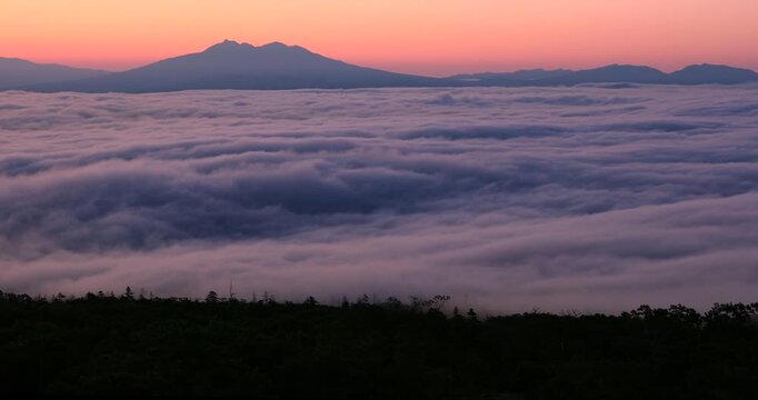 小清水高原から見る朝焼けの雲海と斜里岳