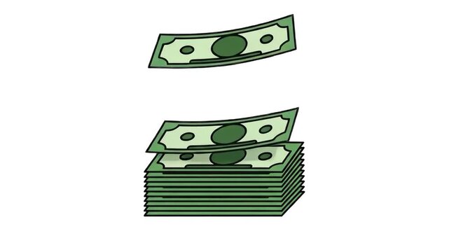 Flat 2D vector animated stack of dollar cash banknotes with falling money isolated on a white background. Suitable for financial success videos, wealth accumulation promos, banking commercials, bonus 