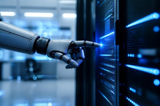 Robotic hand reaches toward server rack. Blue lights pulse along rows of equipment. Clean, futuristic room hints at digital control. Hand gesture suggests interaction with technology