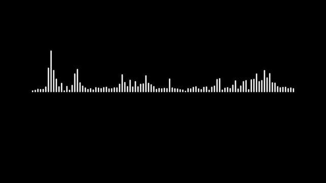 White audio waveform spectrum animation with sound waves on black background, dynamic audio visualizer, music equalizer frequency line visualization and digital sound effect 4k