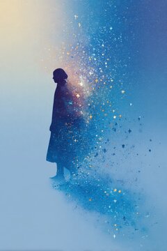 Ephemeral Existence: Silhouette of a person dissolving into a shower of sparkling stardust against a ethereal blue and gold backdrop, symbolizing transience and the intangible nature of life.