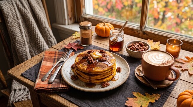 Cozy Autumn Breakfast with Pumpkin Pancakes, Coffee, and Fall Decorations