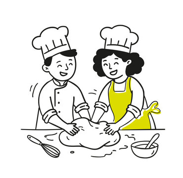 Chef y ayudante de cocina preparando masa para panader&iacute;a y reposter&iacute;a. Fondo transparente PNG.