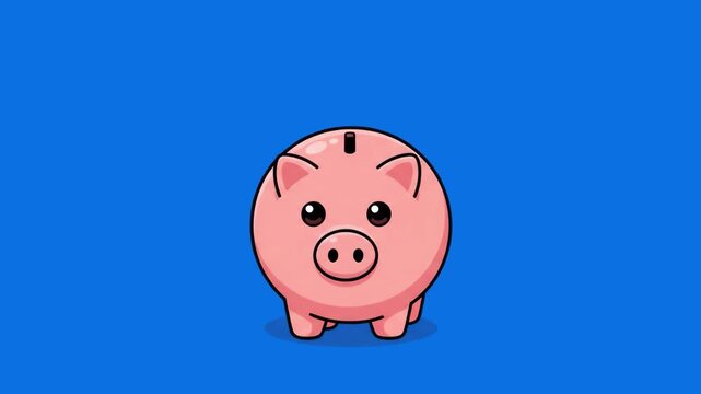 Flat 2D vector animated gold coin falling into pink piggy bank front view isolated on a chroma key blue screen background. Great for financial education promos, banking apps, economy explainer videos,