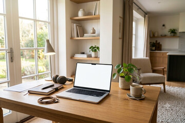 Fototapeta premium Modern Home Office Workspace with Laptop, Coffee and Indoor Plant