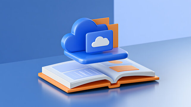 3D render illustration of cloud storage and data management over an open book, symbolizing digital education, knowledge, and e-learning