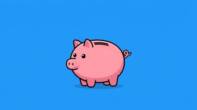 Flat 2D vector animated gold coin falling into pink piggy bank money box isolated on a chroma key blue screen background. Ideal for financial literacy videos, banking promos, personal savings guides, 