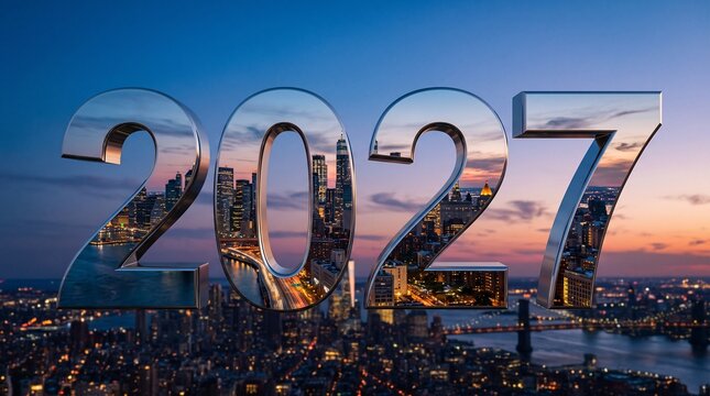2027 new year celebration with a metallic 3d number design reflecting a beautiful sunset cityscape skyline