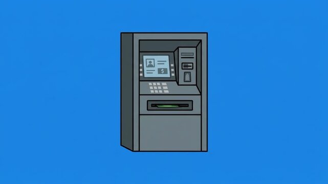 Vector cartoon illustration of a metallic grey automated teller machine ATM over a light blue background. Ideal for banking service promos, financial transaction videos, cash withdrawal app ads, money