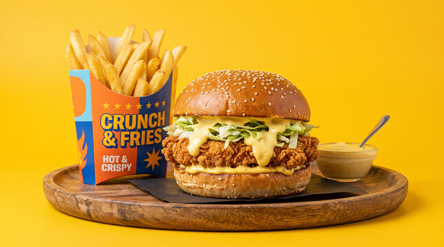 Crispy chicken burger with melting cheese sauce, french fries in paper box, fast food combo meal on wooden tray isolated on White Background