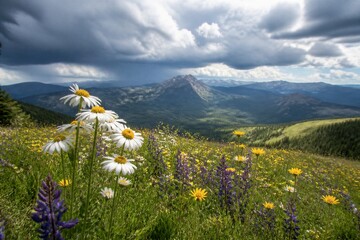 Fototapeta premium Wildflowers bloom on a sunlit mountain meadow. Daisies and purple blooms fill the foreground. Clouds loom over distant, snow-capped peaks. Nature's vibrant colors contrast with stormy skies