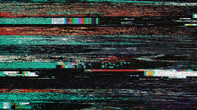Digital Glitch Texture Overlay: Colorful Pixelated Static Noise and Corrupted VHS Tracking Lines on Dark Background