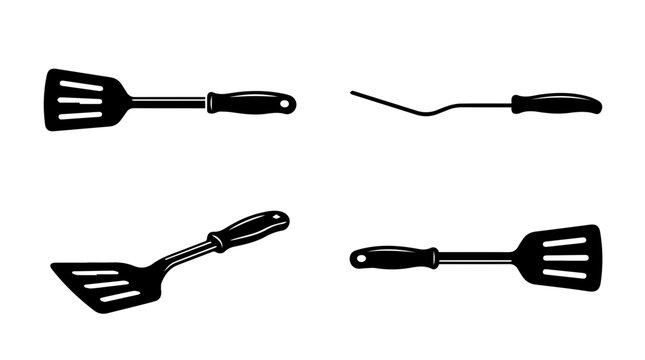 Set of black kitchen spatula silhouettes isolated on white background