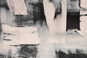 Crumble paper pieces collage. Art Poster painting wall. Abstract grunge dirty black, beige white...