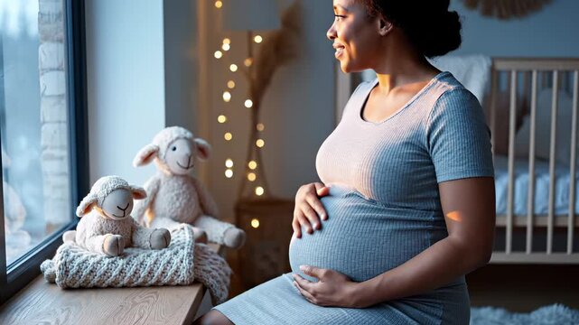Pregnant woman touches large belly in nursery. Happy mother enjoys pregnancy time at home. Smiling woman waits for baby near window. Pregnant lady holds round belly gently. Mother feels baby moving.