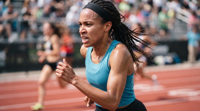A focused female athlete in mid-stride, sweat glistening on her determined face as she sprints on a track, embodying speed and athletic prowess.