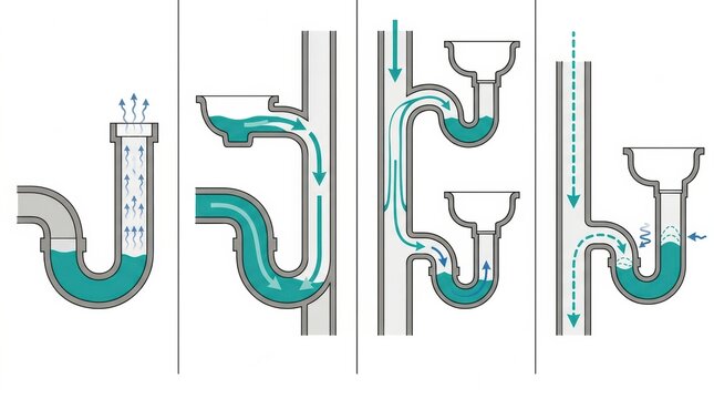 Various mechanisms for wastewater flow in a septic tank drainage system. It illustrates seal loss in different scenarios.