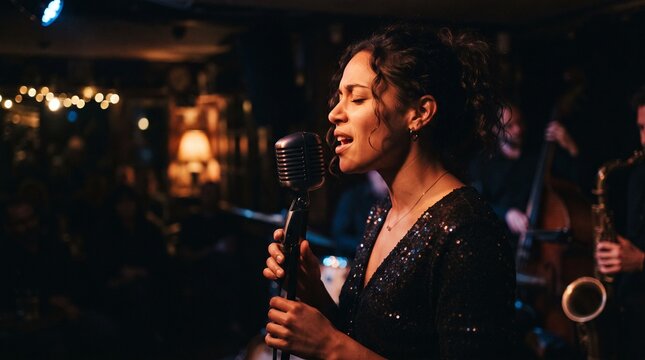 A female vocalist captivates the audience with her soulful performance, singing into a vintage microphone on a dimly lit stage, backed by a jazz band.
