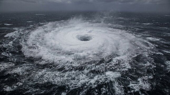 A powerful hurricane forms an ominous eye over the tempestuous ocean, churning waves in a dramatic display of nature's fury, a striking aerial view capturing the raw power of the storm.