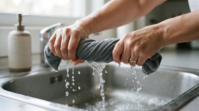 Hands wring out a damp cloth over a stainless steel sink, water dripping into the basin. The scene depicts a common household chore, emphasizing the texture of the fabric and the flow of water.