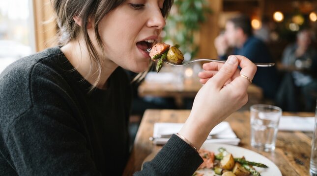 A young woman enjoys a delicious meal at a restaurant, savoring each bite with evident satisfaction.