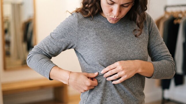 A young woman is examining her torso, touching her stomach area with a look of concern. She is wearing a grey.