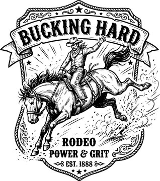 Bucking hard cowboy riding a bucking horse rodeo emblem