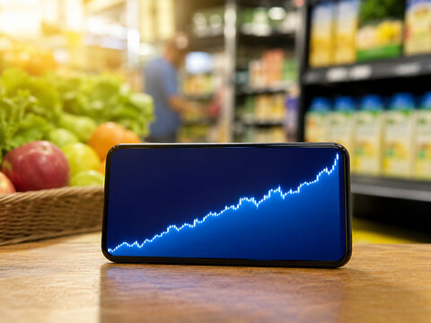 Smartphone showing a blue upward market graph on a supermarket counter, with fresh produce and grocery aisles behind, representing consumer staples investment trends.