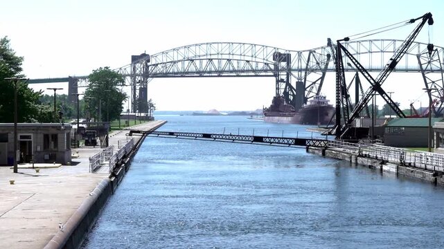 Sault Ste Marie Locks Bridge Lifting Mechanism And Ship Navigation Channel