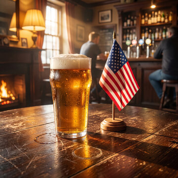 Pint of beer with american flag on rustic wooden table in warm pub.