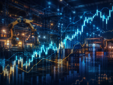 Glowing financial charts rise over a factory and logistics scene with robotic machinery and shipping containers, symbolizing industrial stocks and economic expansion.
