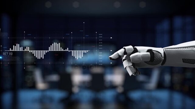 A futuristic robot hand interacts with a data visualization featuring warning signs and graphs, set in a modern office environment, symbolizing technology and innovation. Synapse