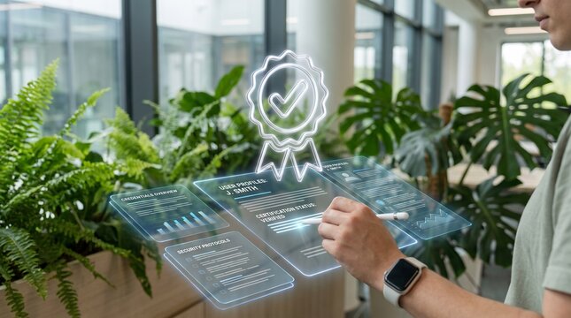 Professional using holographic interface for digital identity verification and security certification in modern office