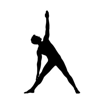 Silhouette of a man performing triangle pose against a white background