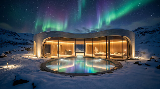 Luxury thermal pool at modern spa resort under vibrant aurora borealis night sky