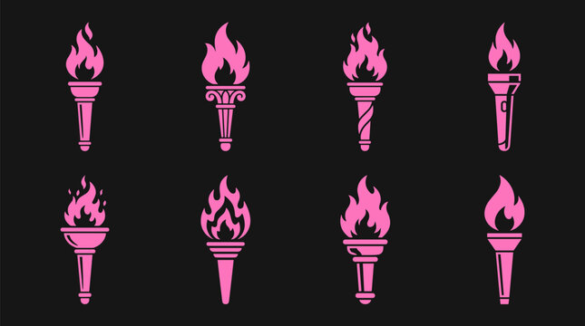 Set of eight different torch icons with pink flames