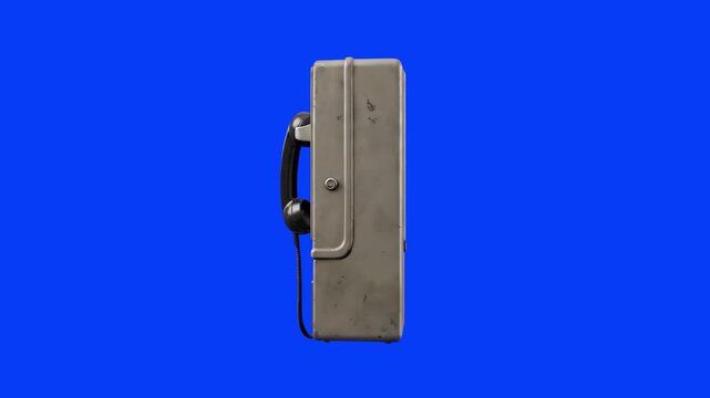A retro industrial wall-mounted payphone with a black handset receiver isolated against a bright blue background. Great for retro tech promos, communication history animations, vintage aesthetic video