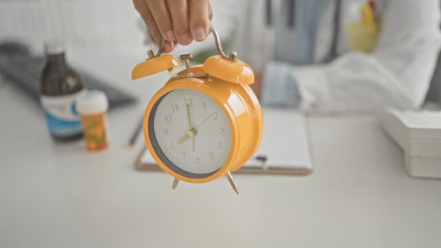 Woman doctor holding yellow alarm clock by metal handle on a desk with medicine bottles and clipboard in building; urgency care time.