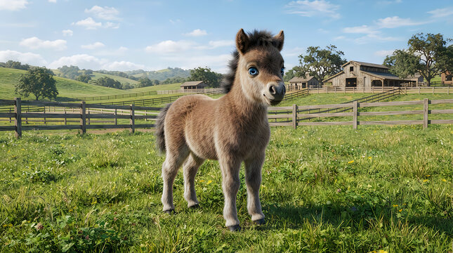 Cute small brown horse foal standing in a green grassy farm field on a sunny day